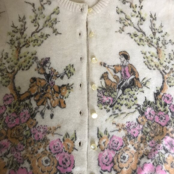 Vintage 1950's Cream Victorian Floral Scene Angora Type Short Cardigan Sweater - Picture 15 of 16